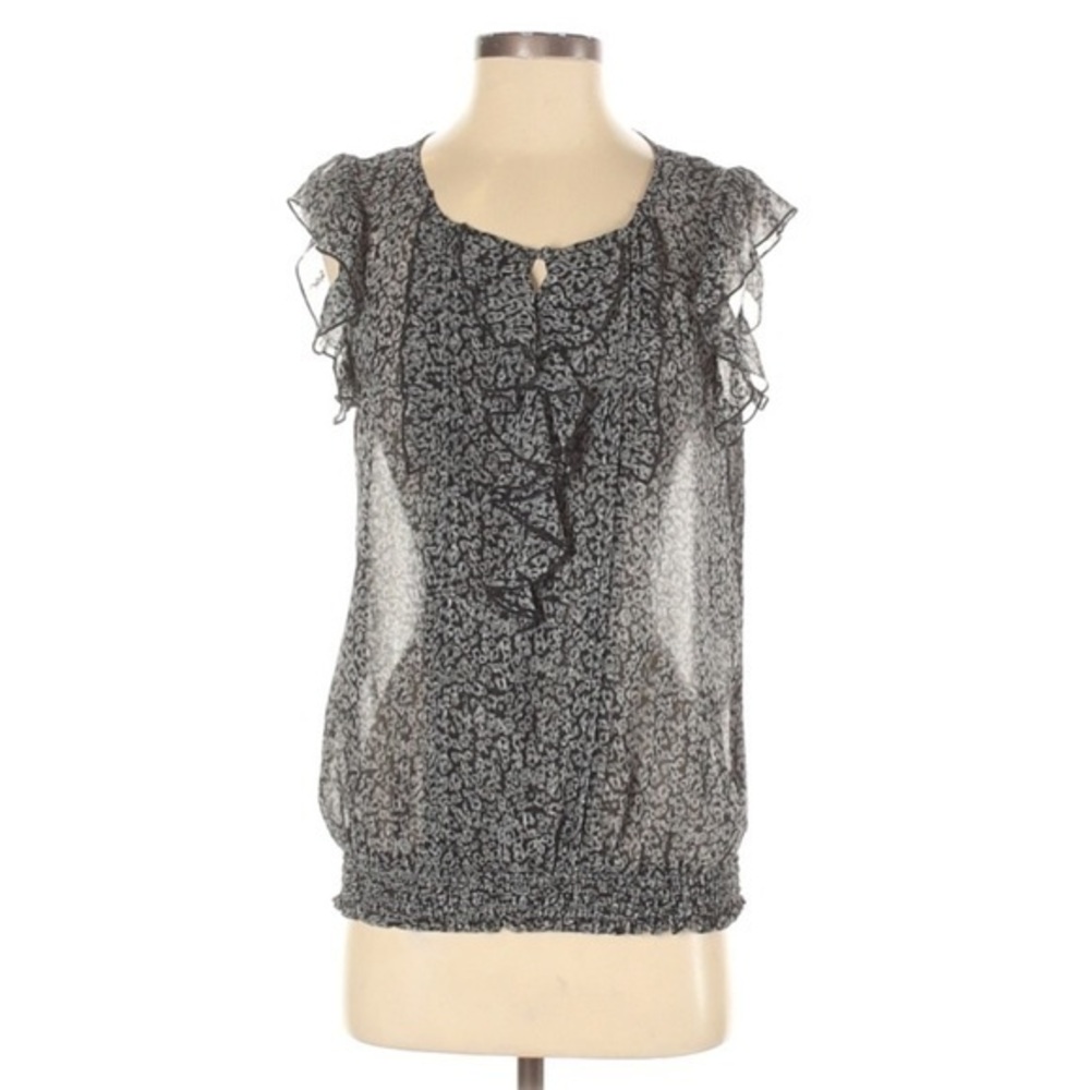 Express S Navy/grey cheetah ruffle flutter blouse